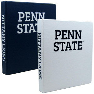 navy and white 3 ring 1" binders Penn State on front, Nittany Lions on spine